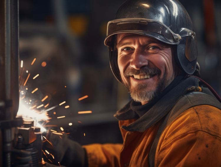 Uśmiechnięty pracownik przemysłowy ubrany w sprzęt ochronny obsługuje maszyny, podczas gdy w warsztacie lecą iskry.