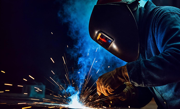 Osoba nosząca odzież ochronną spawa metal, tworząc jasne iskry i niebieski dym w ciemnym otoczeniu.