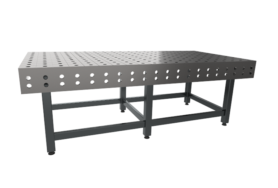 Stalowy stół spawalniczy z perforowanym blatem i solidnymi metalowymi nogami, z równomiernie rozmieszczonymi otworami na powierzchni i po bokach.
