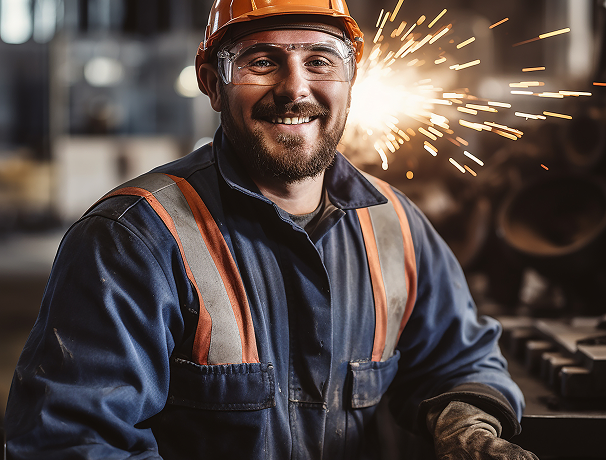 Uśmiechnięty pracownik przemysłowy w sprzęcie ochronnym stoi w fabryce, a w tle lecą iskry.
