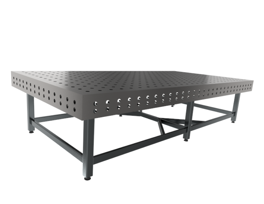 Prostokątny metalowy stół spawalniczy z perforowaną powierzchnią i solidnymi nogami, przeznaczony do użytku przemysłowego.